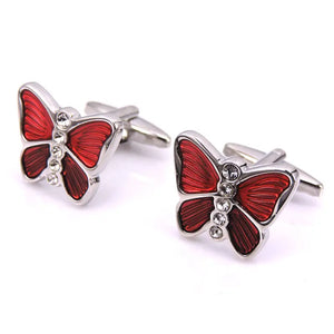 Men's Red Butterfly Enamel Cufflinks Crystal Animal Insect Design