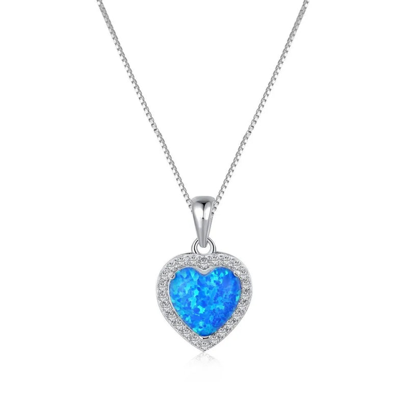 ZFSILVER S925 Silver Diamond-set Opal Sweet Heart Necklace