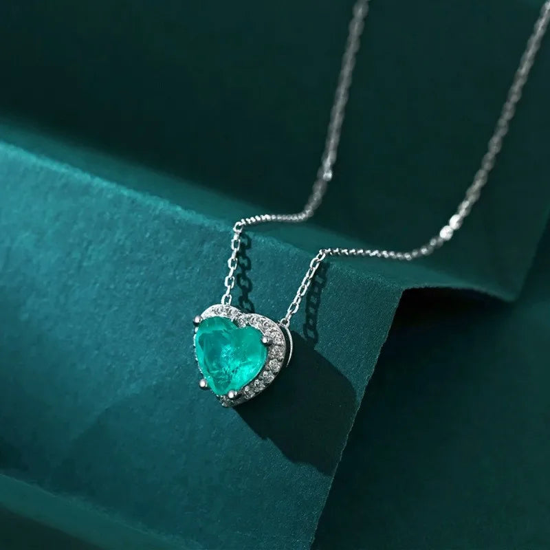 S925 Silver Diamond-set Paraiba Tourmaline Heart Necklace