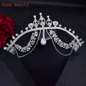 Bride Headpiece Rhinestone Forehead Headband Wedding Crown Water Drop Chain