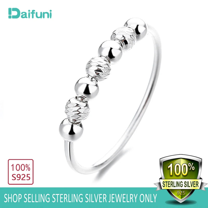 Daifuni 925 Silver Beads Rings Rotate Freely Anti Stress Fidget Spinner Band