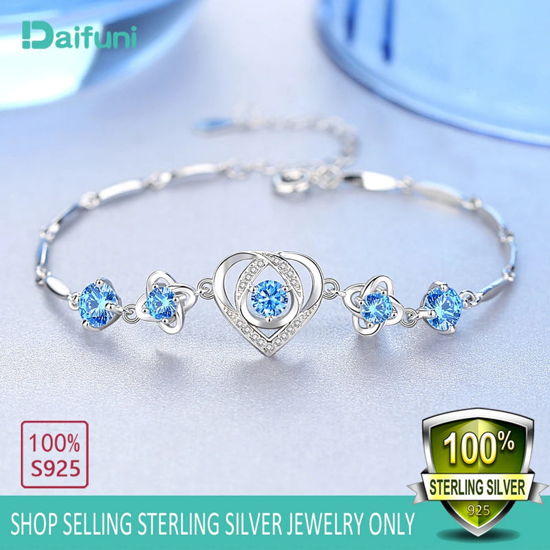 Daifuni S925 Sterling Silver Girl Bracelet Heart Crystal Bangle For Woman