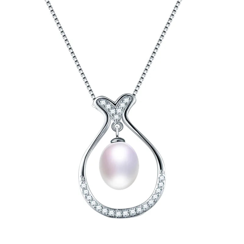 Freshwater Oval Pearl Necklace 925 Sterling Silver Zircon Pendant Necklace