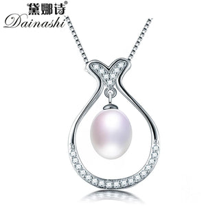 Freshwater Oval Pearl Necklace 925 Sterling Silver Zircon Pendant Necklace