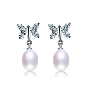 Freshwater Pearl Dangle Earrings 925 Silver Butterfly Zircon Drop Earrings