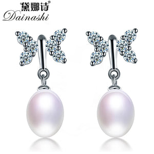 Freshwater Pearl Dangle Earrings 925 Silver Butterfly Zircon Drop Earrings