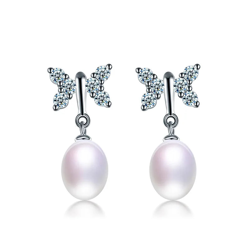 Freshwater Pearl Dangle Earrings 925 Silver Butterfly Zircon Drop Earrings