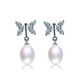 Freshwater Pearl Dangle Earrings 925 Silver Butterfly Zircon Drop Earrings