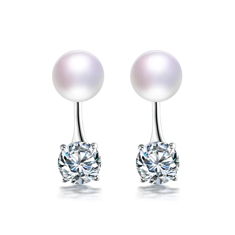 100% Natural Freshwater Pearl Earrings 925 Sterling Silver Zircon Stud Earrings