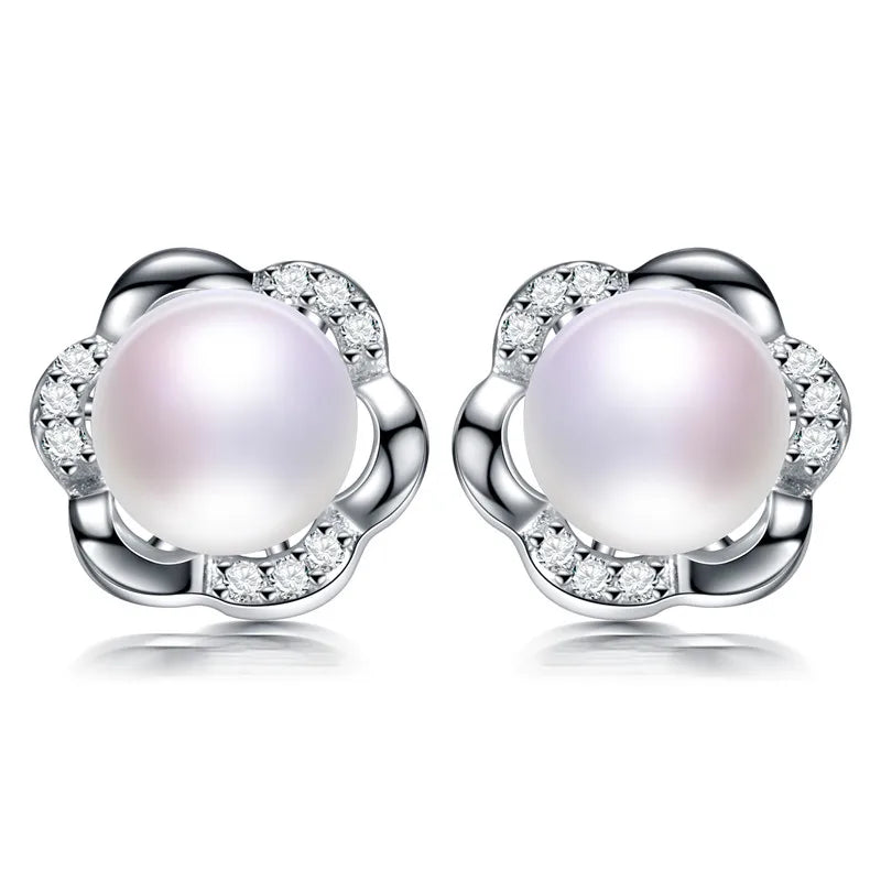 Freshwater Pearl Stud Earrings 925 Sterling Silver Zircon Cross Earrings
