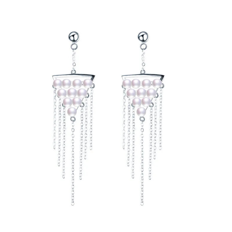 Freshwater Pearls Drop Earrings 925 Silver Triangle Tassel Dangle