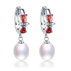 925 Silver Red Bow-knot Zircon Drop Earrings Natural Freshwater Pearl