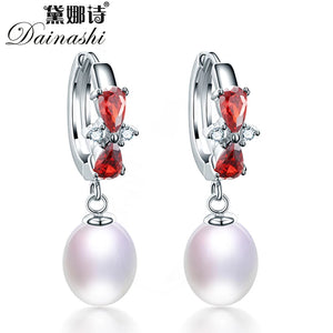 925 Silver Red Bow-knot Zircon Drop Earrings Natural Freshwater Pearl