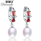 925 Silver Red Bow-knot Zircon Drop Earrings Natural Freshwater Pearl
