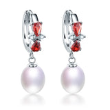 925 Silver Red Bow-knot Zircon Drop Earrings Natural Freshwater Pearl