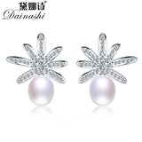925 Silver Zircon Daisy Earrings Natural Freshwater Pearl Women