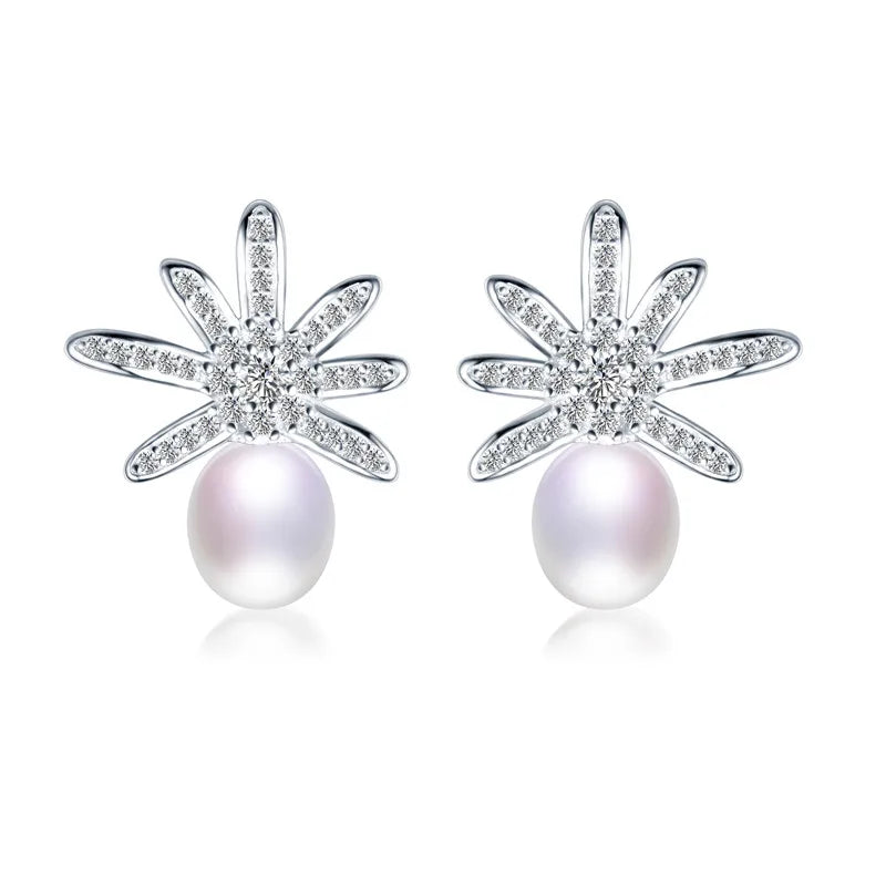 925 Silver Zircon Daisy Earrings Natural Freshwater Pearl Women
