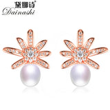 925 Silver Zircon Daisy Earrings with Freshwater Pearls