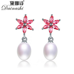 925 Silver Rose Red Flower Zircon Drop Earrings Natural Freshwater Pearl