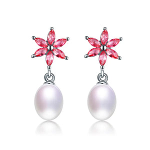 925 Silver Rose Red Flower Zircon Drop Earrings Natural Freshwater Pearl
