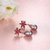 925 Silver Rose Red Flower Zircon Drop Earrings Natural Freshwater Pearl