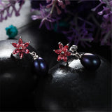 925 Silver Rose Red Flower Zircon Drop Earrings Natural Freshwater Pearl