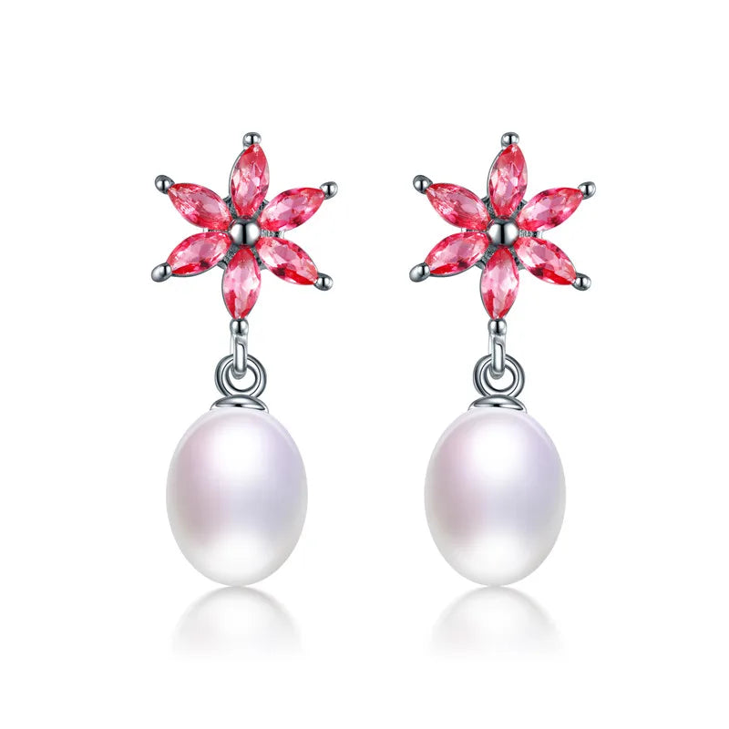 925 Silver Rose Red Flower Zircon Drop Earrings Natural Freshwater Pearl