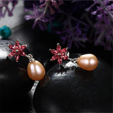 925 Silver Rose Red Flower Zircon Drop Earrings Natural Freshwater Pearl