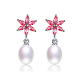 925 Silver Rose Red Flower Zircon Drop Earrings Natural Freshwater Pearl