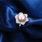925 Silver Flower Zircon Crystal Adjustable Ring Freshwater Pearl Ring