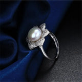 925 Silver Flower Zircon Crystal Adjustable Ring Freshwater Pearl Ring