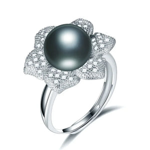 925 Silver Flower Zircon Crystal Adjustable Ring Freshwater Pearl Ring