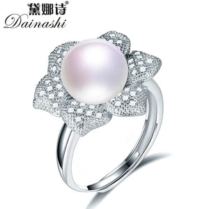 925 Silver Flower Zircon Crystal Adjustable Ring Freshwater Pearl Ring