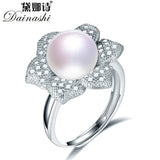 925 Silver Flower Zircon Crystal Adjustable Ring Freshwater Pearl Ring