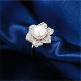 925 Silver Flower Zircon Crystal Adjustable Ring Freshwater Pearl Ring
