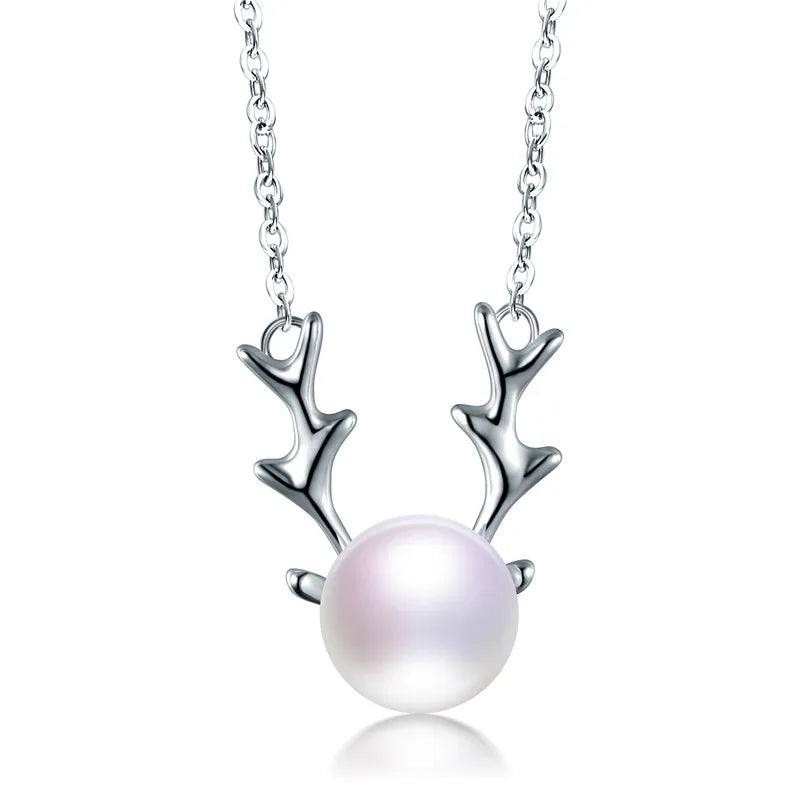 925 Silver Deer Head Pendant Necklace & Freshwater Pearl Necklace