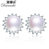 925 Silver Flower Zircon Earrings with Pearl Studs