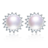 925 Silver Flower Zircon Earrings with Pearl Studs