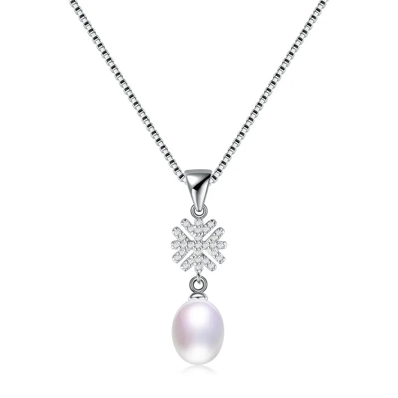 925 Silver Snowflake Zircon Pendant Freshwater Pearl Necklace