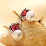 925 Silver Red Zircon & Pearl Stud Earrings for Women
