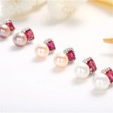 925 Silver Red Zircon & Pearl Stud Earrings for Women