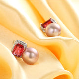 925 Silver Red Zircon & Pearl Stud Earrings for Women