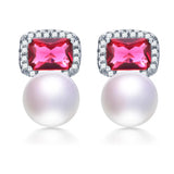 925 Silver Red Zircon & Pearl Stud Earrings for Women