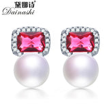 925 Silver Red Zircon & Pearl Stud Earrings for Women