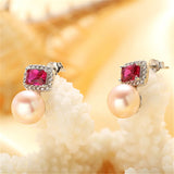 925 Silver Red Zircon & Pearl Stud Earrings for Women
