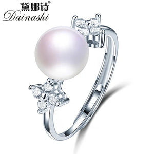 Freshwater Pearl Ring 925 Sterling Silver Crystal Adjustable Ring