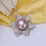 Natural Freshwater Pearl Pendant 925 Silver Flower Zircon Necklace