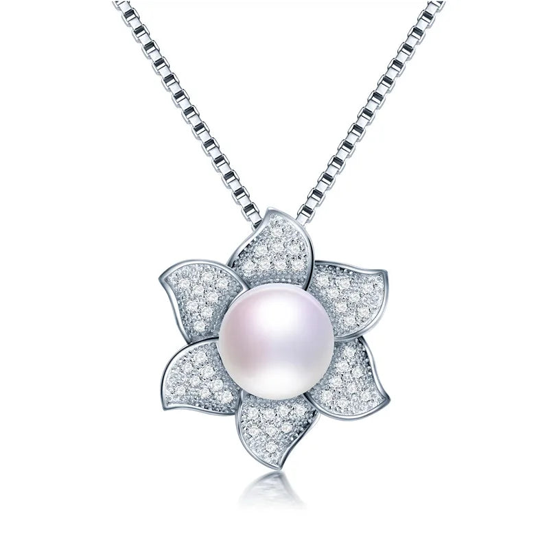Natural Freshwater Pearl Pendant 925 Silver Flower Zircon Necklace