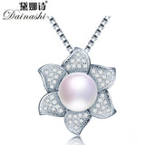 Natural Freshwater Pearl Pendant 925 Silver Flower Zircon Necklace