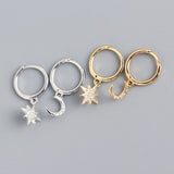 925 Silver Crystal Moon Star Hoop Earrings for Women